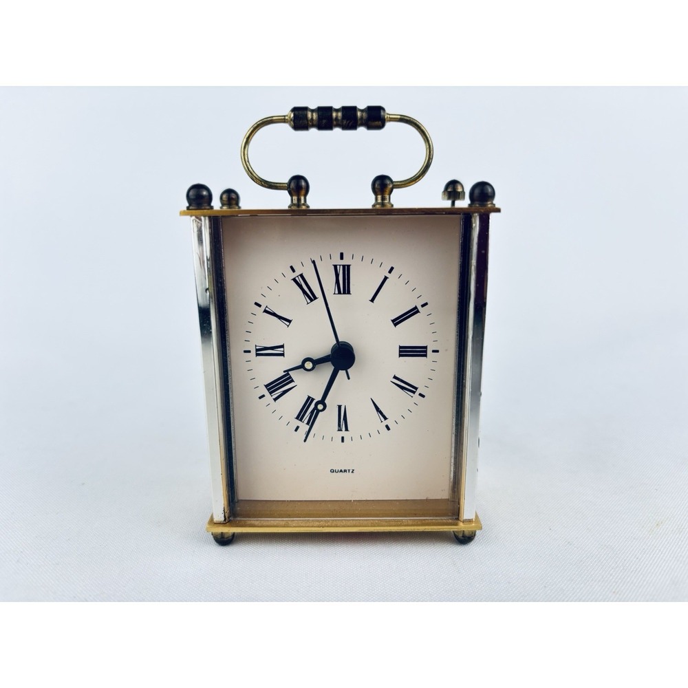 Quartz Gold Rectangle Desk Clock Roman Numerals Metal Glass - Vintage Works!